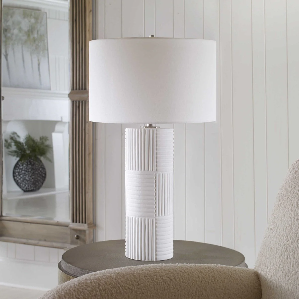 Uttermost Patchwork Soft White Glazed Ceramic Table Lamp With Linen Shade