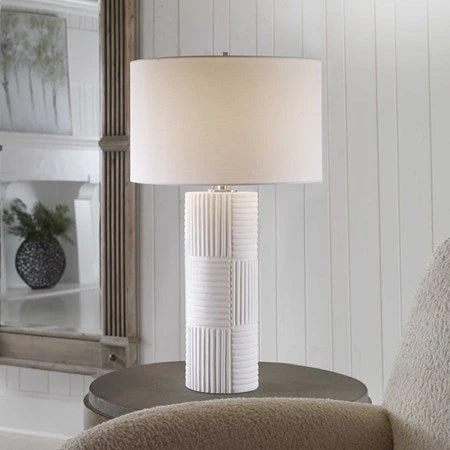 Uttermost Patchwork Soft White Glazed Ceramic Table Lamp With Linen Shade - Image 3