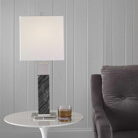 Uttermost Pilaster Black Marble Table Lamp With White Linen Shade