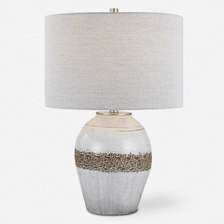 Uttermost Poul Light Gray Crackled Glazed Ceramic Table Lamp With Linen Shade - Image 2