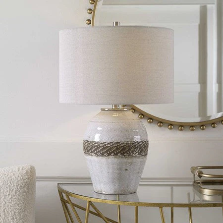 Uttermost Poul Light Gray Crackled Glazed Ceramic Table Lamp With Linen Shade - Image 3
