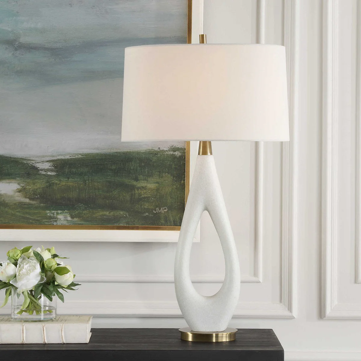 Uttermost Promenade White Stone Table Lamp With Linen Shade - Image 7