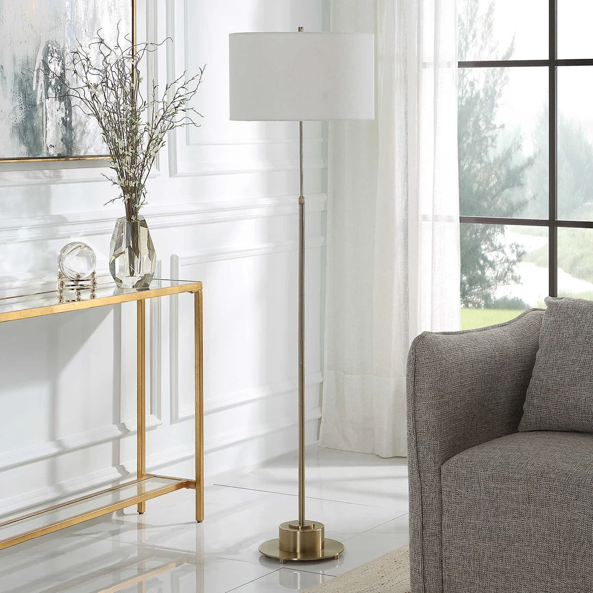 Uttermost Prominence Brushed Brass Floor Lamp With Linen Shade - Image 6