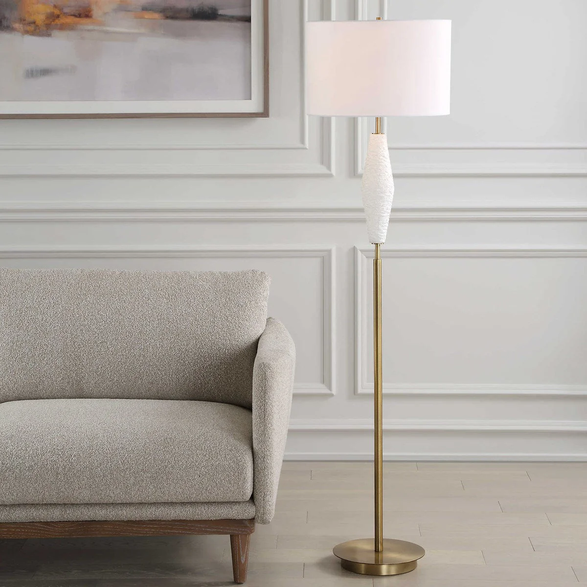 Uttermost Quite Antique Brass and White Ceramic The Buzz Floor Lamp With Linen Shade - Image 7
