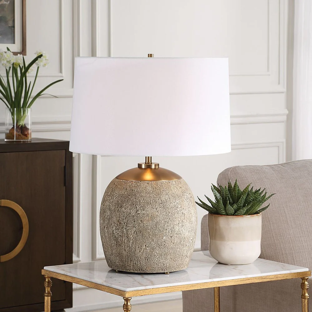 Uttermost Raylan Textured Concrete Table Lamp With White Linen Shade