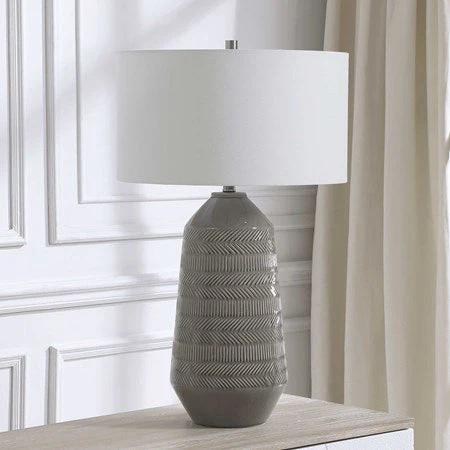 Uttermost Rewind Soft Gray Glazed Ceramic Table Lamp With White Shade