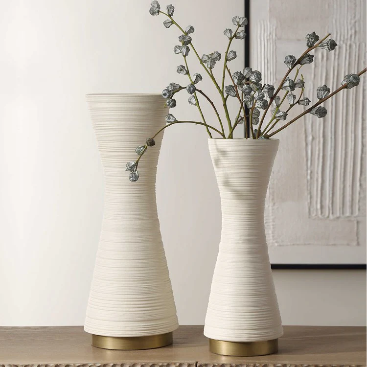 Uttermost Ridgeline White Textured Ceramic With Gold Metal Base Set of 2 Vases