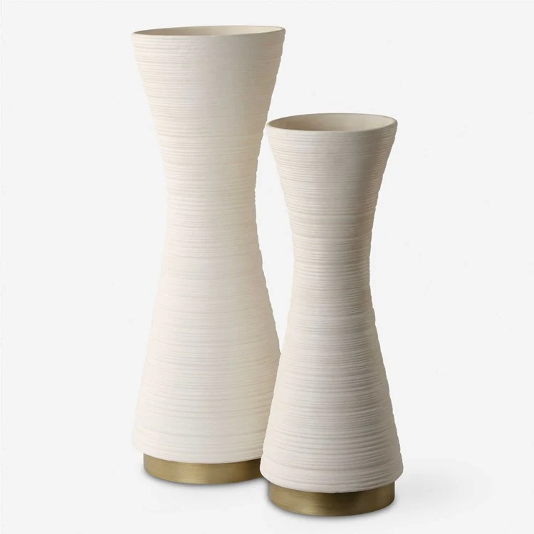 Uttermost Ridgeline White Textured Ceramic With Gold Metal Base Set of 2 Vases - Image 2