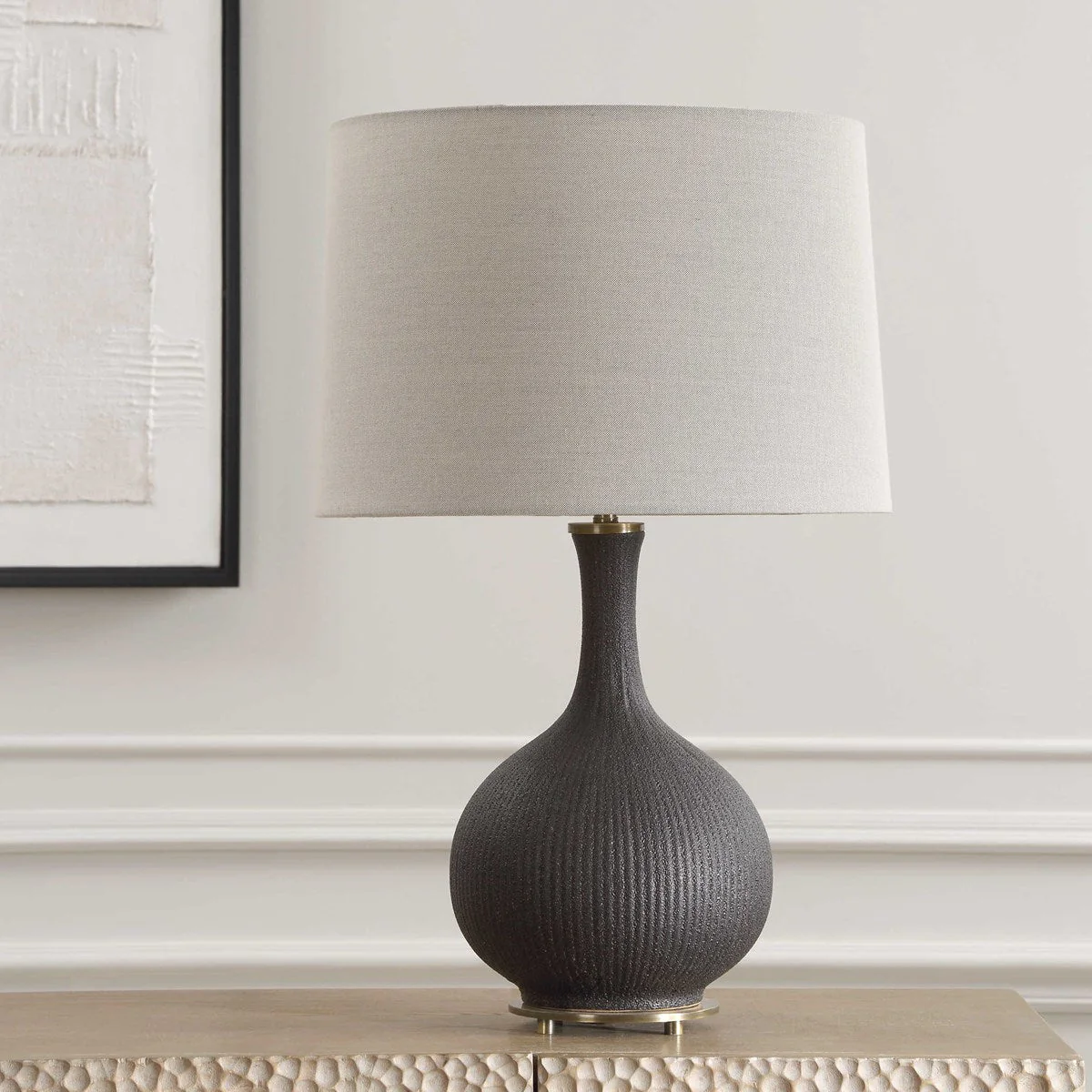 Uttermost Rimini Matte Black Ceramic Lamp With Gray Linen Shade