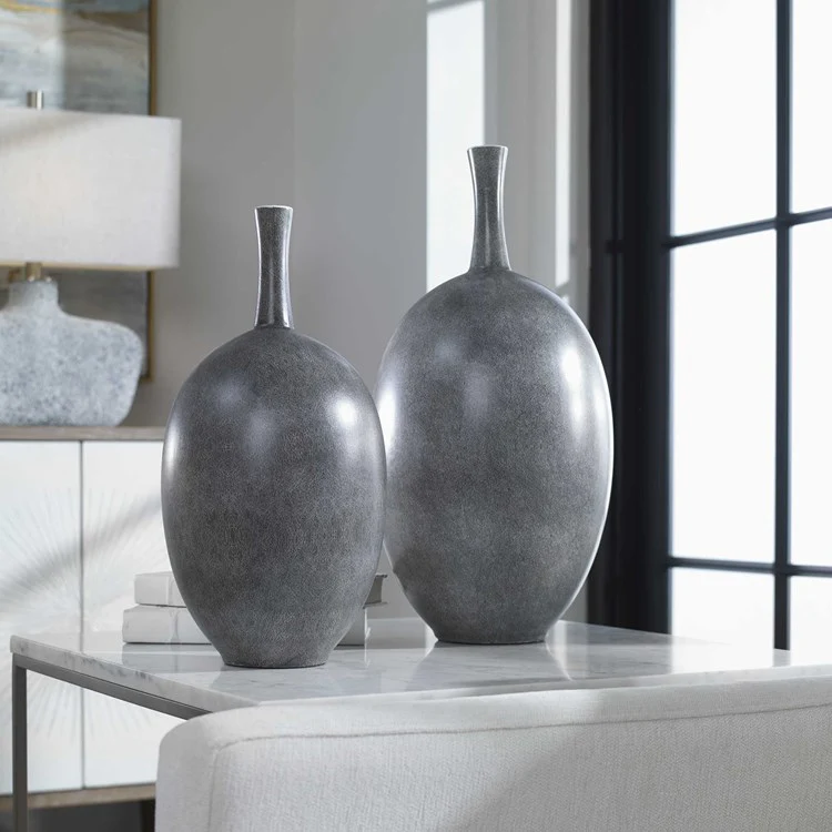 Uttermost Riordan Marbled Black Ceramic Contemporary Set of 2 Vases - Image 2
