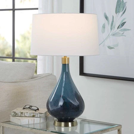 Uttermost Riviera Sapphire and Navy Blue Glass Table Lamp With White Linen Shade - Image 3