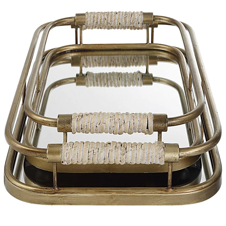 Uttermost Rosea Brushed Gold Metal and Mirrored Set of 2 Trays with Natural Rope Wrapped Handles - Image 6
