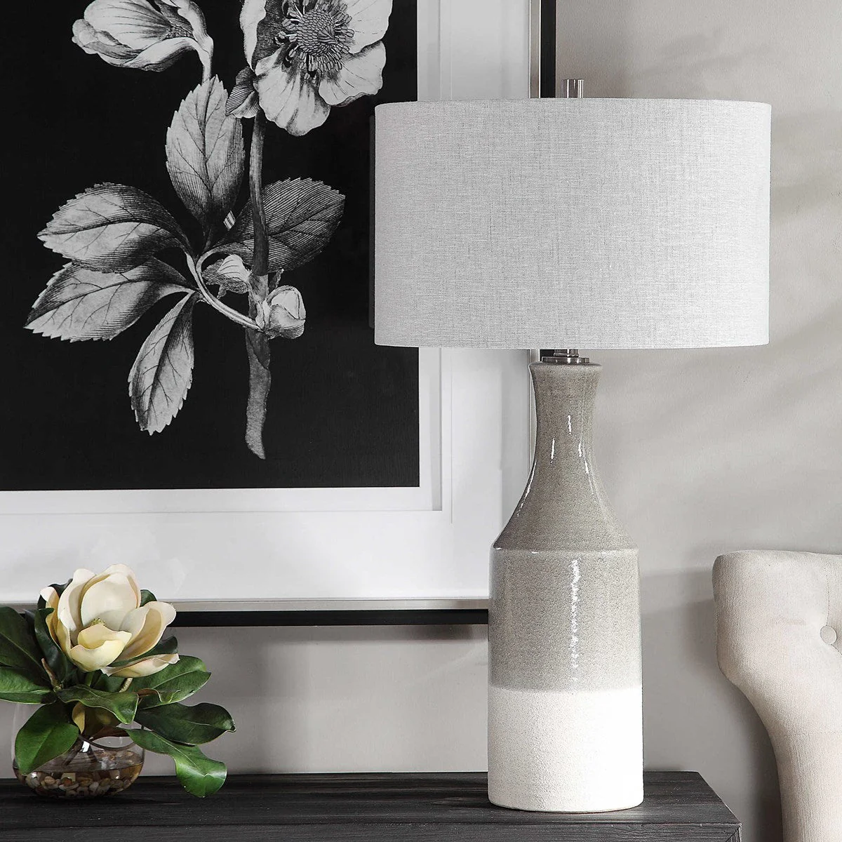 Uttermost Savin Glossy Gray Glazed Ceramic Table Lamp With Linen Shade - Image 3