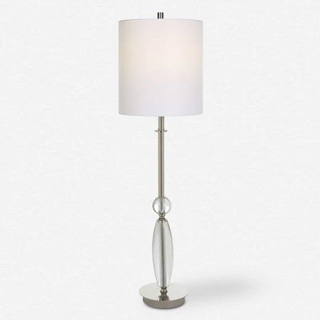Uttermost Sceptre Crystal and Polished Nickel Buffet Lamp With White Linen Shade - Image 2