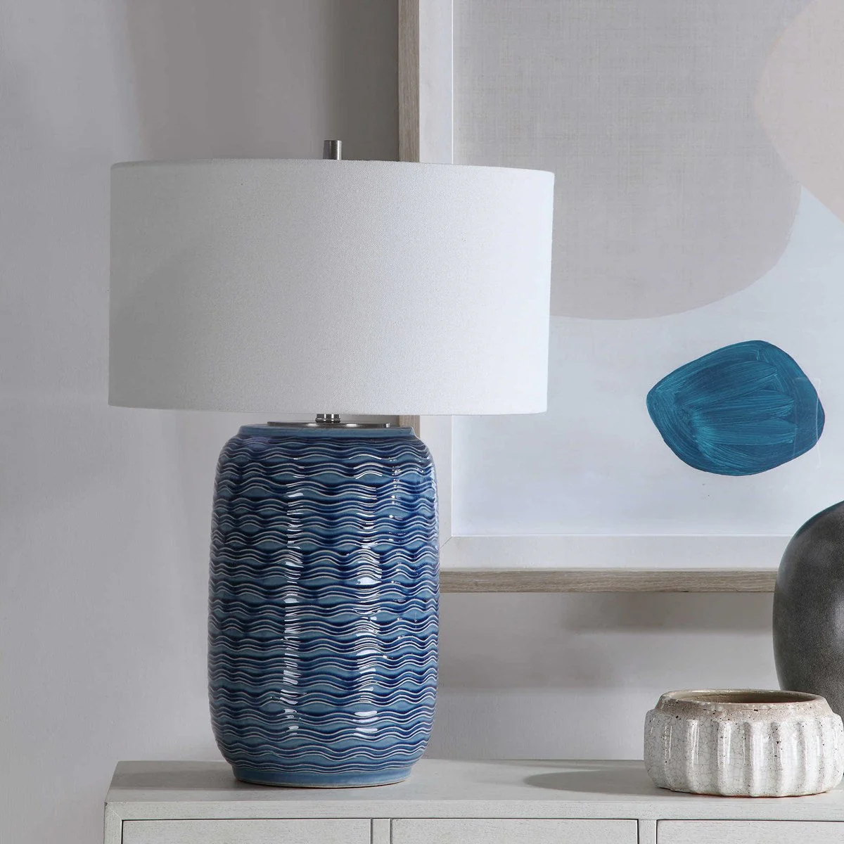Uttermost Sedna Blue Ceramic Table Lamp With White Linen Shade - Image 3