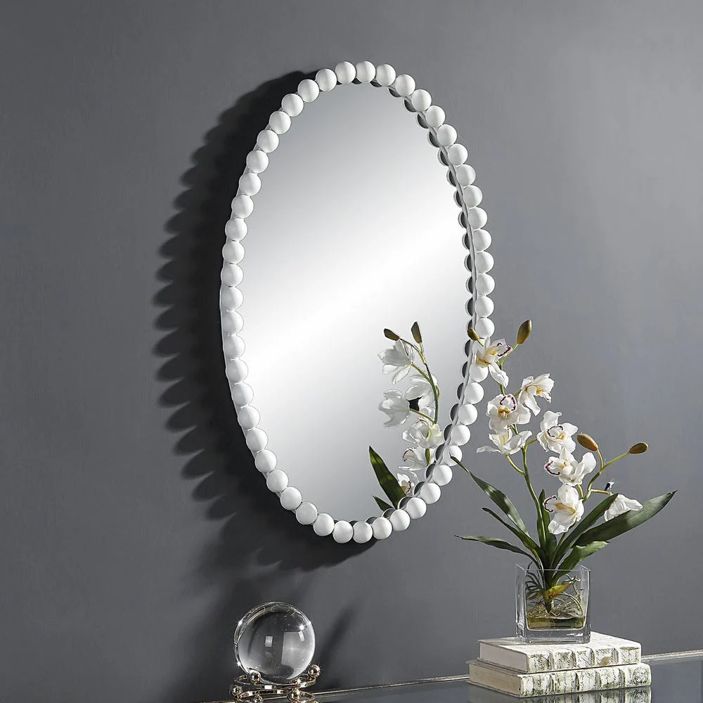 Uttermost Serna Beaded Matte White Oval Mirror - Image 2