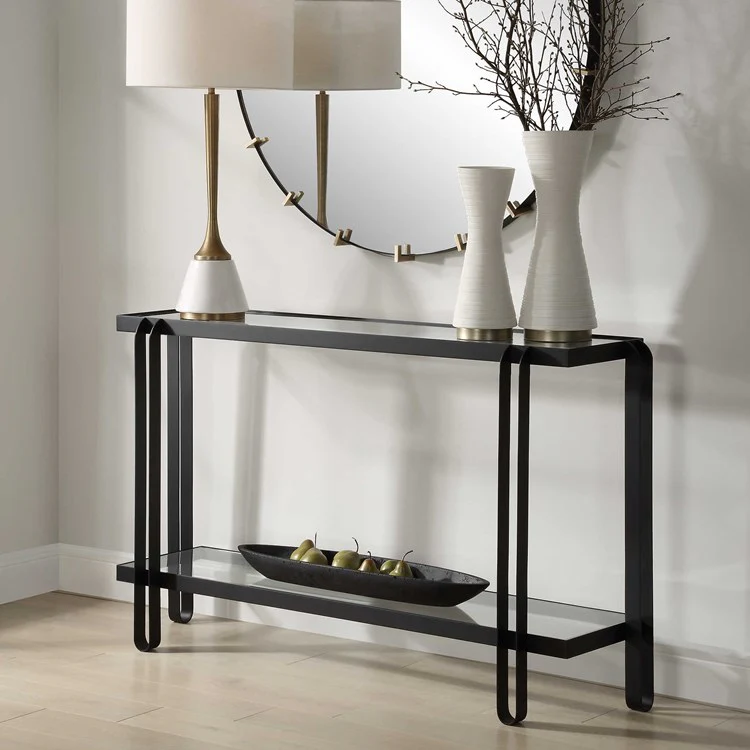 Uttermost Shadow Glass and Black Iron Modern Console Table - Image 3