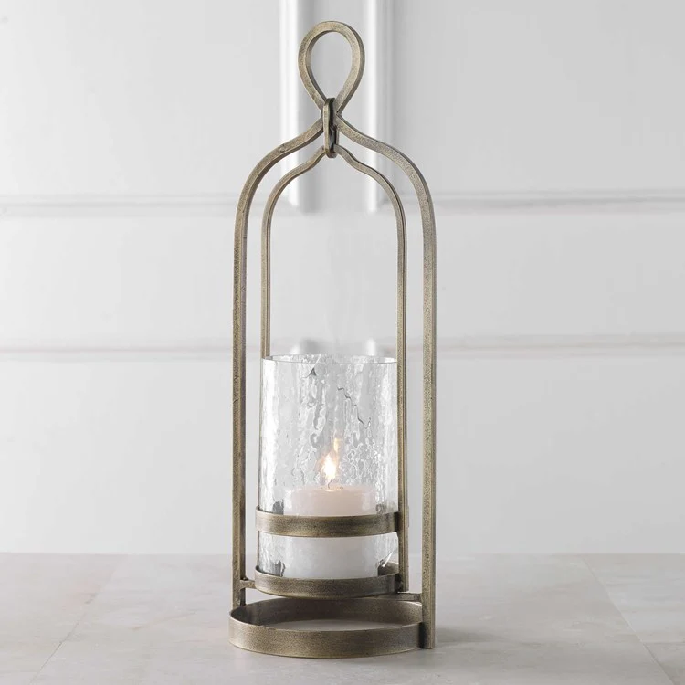 Uttermost Shepherd Aged Brass and Textured Glass Hurricane Candleholder ~ Candle Included - Image 2