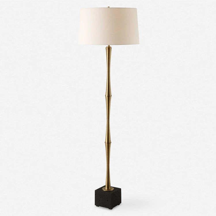 Uttermost Shino Antique Brass Iron Floor Lamp With White Linen Shade - Image 3
