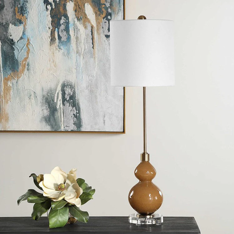 Uttermost Sienna Brown Seeded Glass Buffet Lamp With White Linen Shade