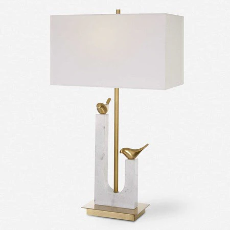 Uttermost Songbirds Brushed Brass and Marble Table Lamp With White Linen Shade - Image 2