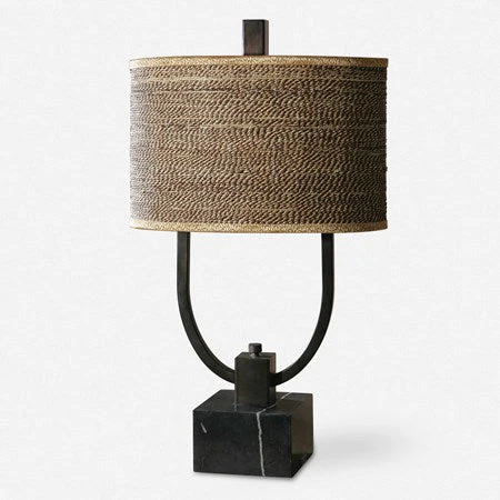 Uttermost Stabina Rustic Bronze and Marble Table Lamp With Woven Rattan Shade - Image 2