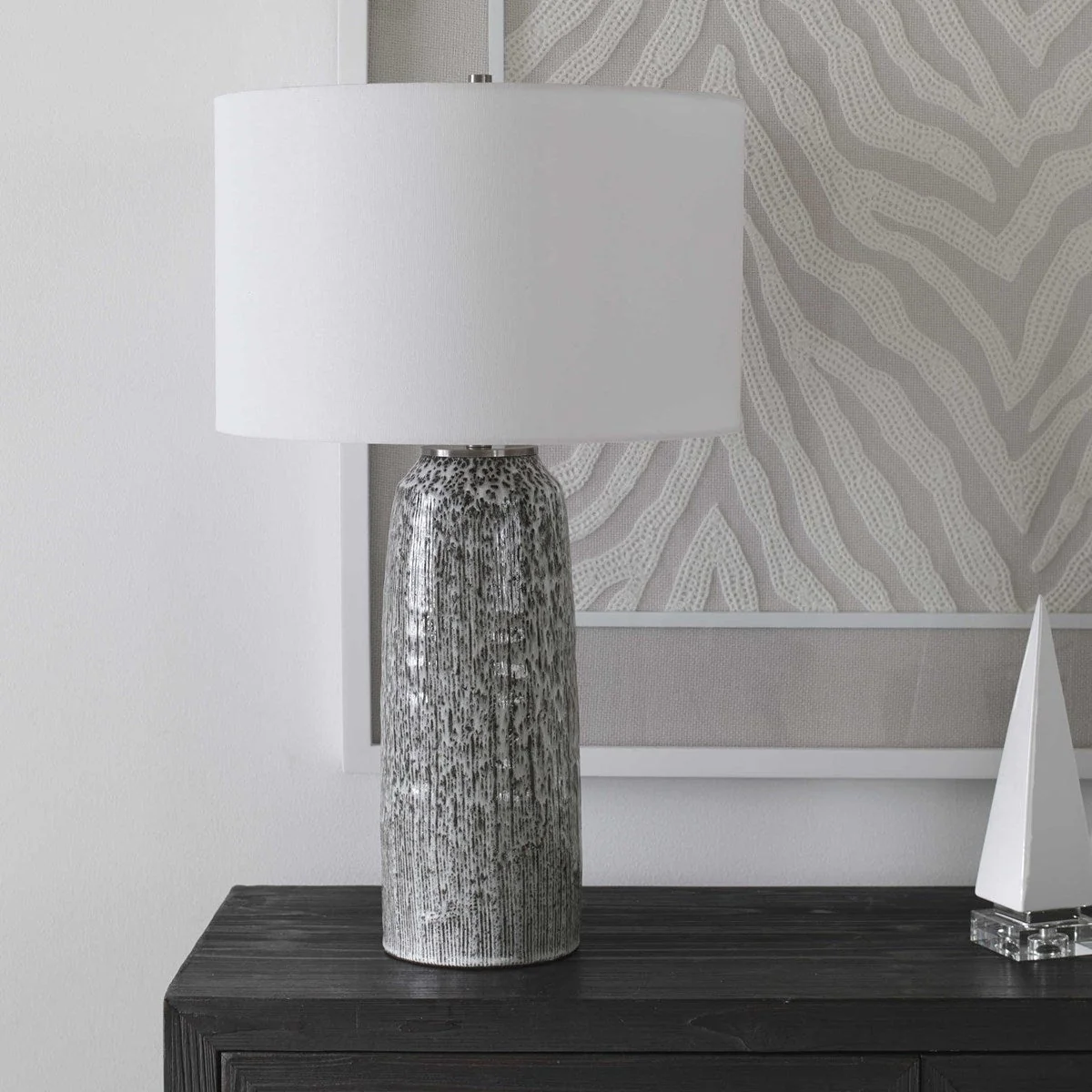Uttermost Static Black and White Glazed Ceramic Table Lamp With Linen Shade - Image 4