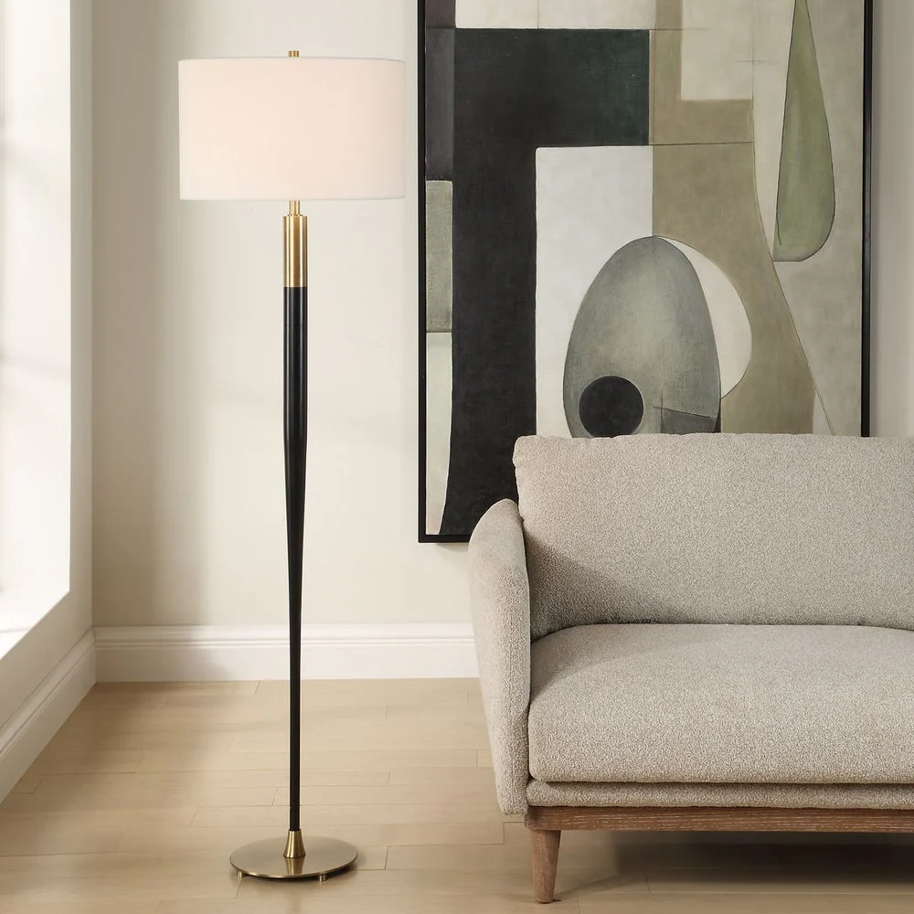Uttermost Stowe Sleek Satin Black and Brass Base Floor Lamp With White Linen Shade