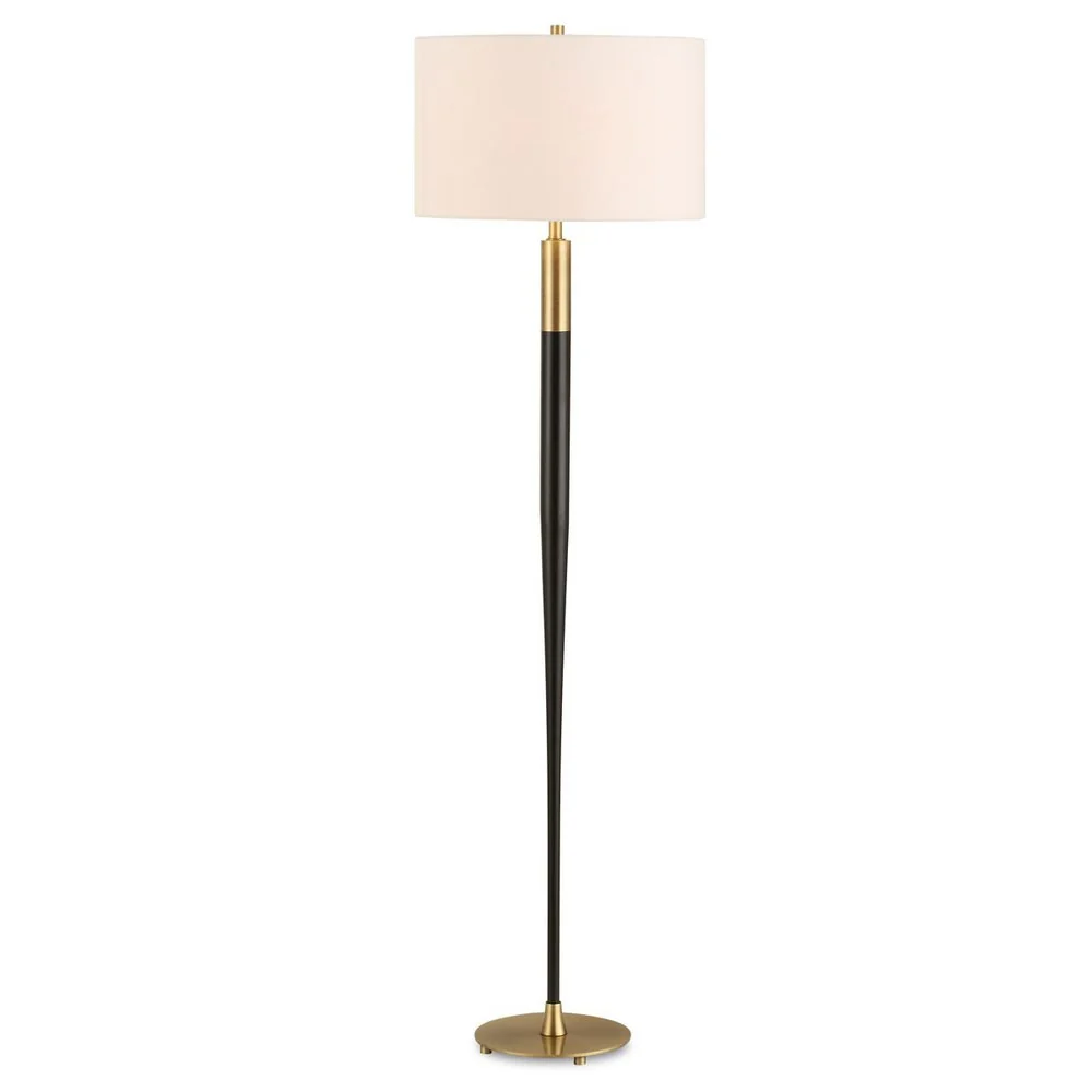 Uttermost Stowe Sleek Satin Black and Brass Base Floor Lamp With White Linen Shade - Image 2
