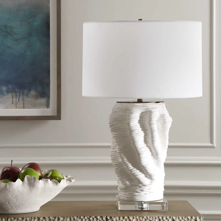 Uttermost Stratified Matte White Glaze Table Lamp With Linen Shade - Image 2