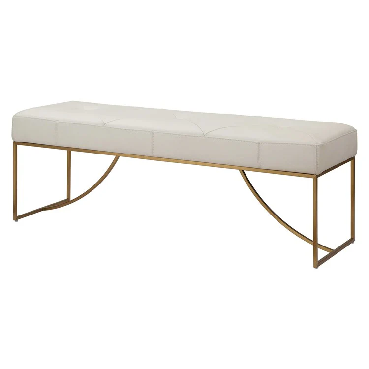 Uttermost Swale Ivory Leather Cushioned Seat Brushed Brass Bench - Image 4