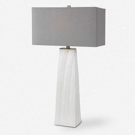 Uttermost Sycamore Gloss White Ceramic Table Lamp With Gray Linen Shade - Image 2