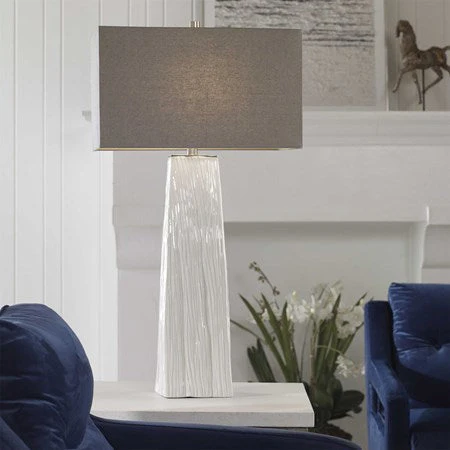 Uttermost Sycamore Gloss White Ceramic Table Lamp With Gray Linen Shade - Image 3