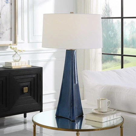 Uttermost Teramo Blue Ceramic Table Lamp With White Linen Shade