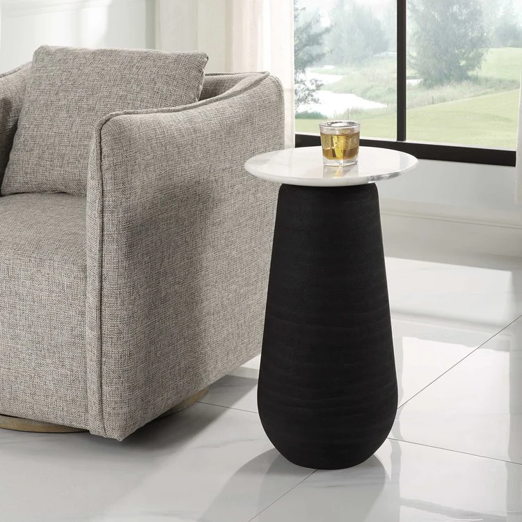 Uttermost Total Eclipse White Marble Top With Black Base Round Accent Table
