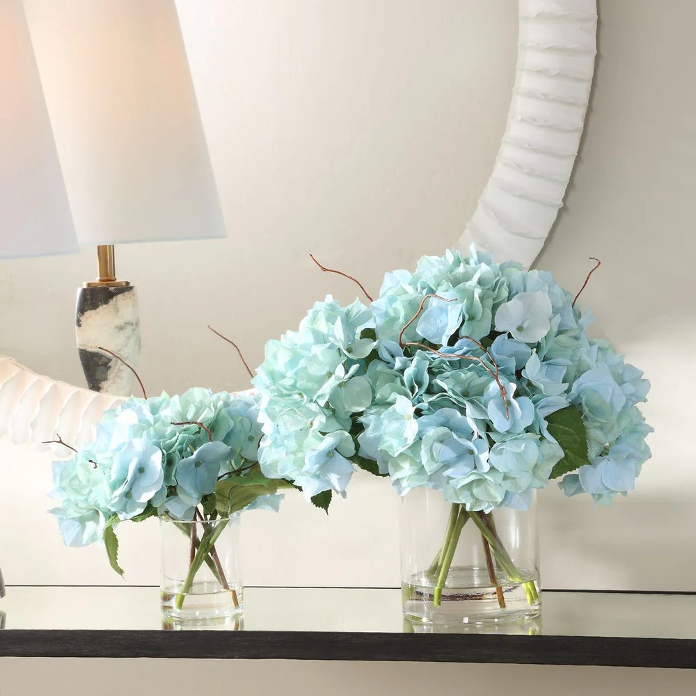 Uttermost Tranquil Blue Hydrangea Set Of 2 BloomsIn Glass Vases