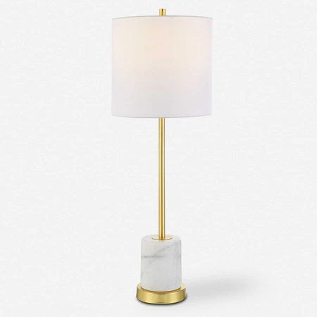 Uttermost Turret Brushed Gold Buffet Lamp With White Linen Shade - Image 2