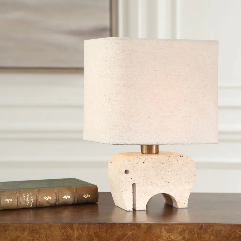 Uttermost Tusk Elephant Sculpture Beige Accent Lamp With Khaki Fabric Shade