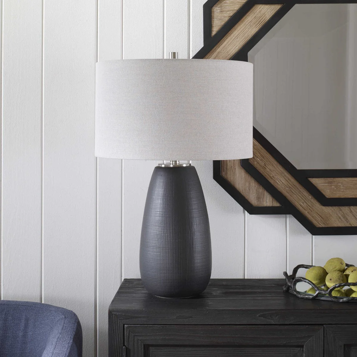 Uttermost Twilight Satin Black Ceramic Table Lamp With Light Gray Linen Shade - Image 4