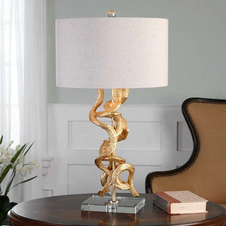 Uttermost Twisted Vines Gold Leaf and Crystal Table Lamp With Oatmeal Linen Shade