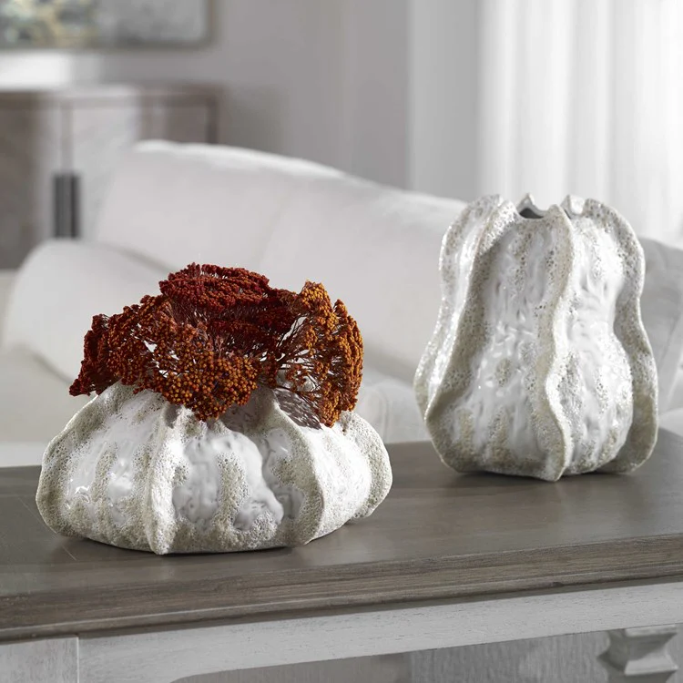 Uttermost Urchin Ivory and Beige Glazed Ceramic Set of 2 Vases - Image 2