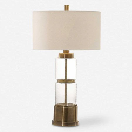 Uttermost Vaiga Antique Brass and Clear Glass Table Lamp With White Linen Shade - Image 2
