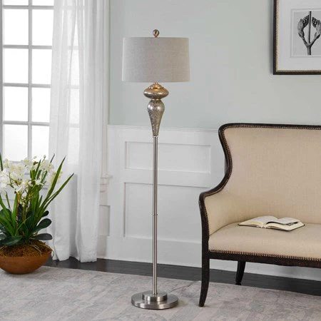 Uttermost Vercana Set of 2 Smoked Mercury Glass Floor Lamps With Beige Linen Shades - Image 2