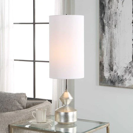 Uttermost Vial Silver Leaf and Polished Nickel Buffet Lamp With White Linen Shade - Image 3