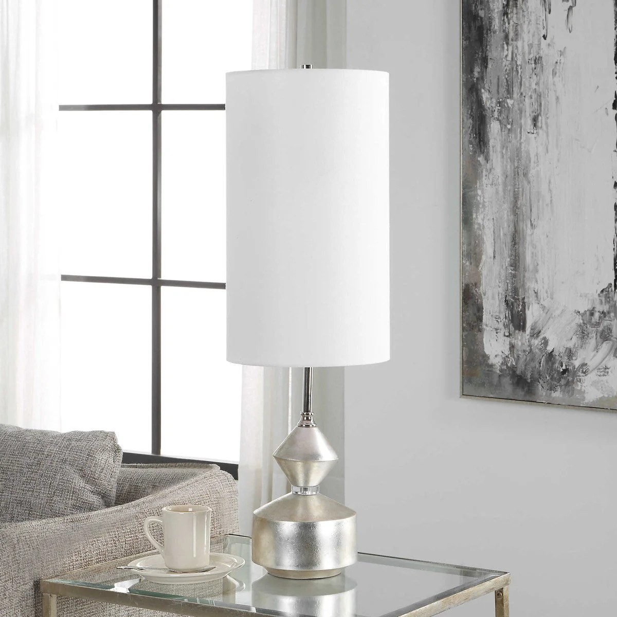 Uttermost Vial Silver Leaf and Polished Nickel Buffet Lamp With White Linen Shade - Image 8
