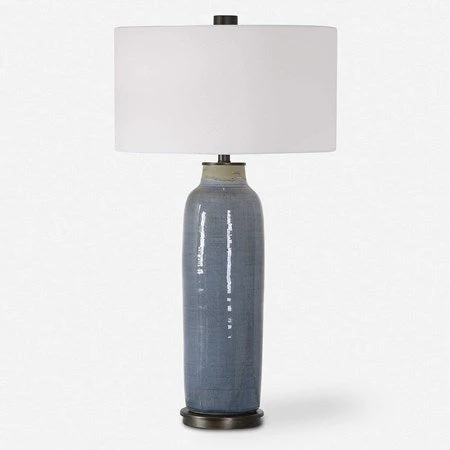 Uttermost Vicente Slate Blue Glazed Ceramic Table Lamp With White Linen Shade - Image 2