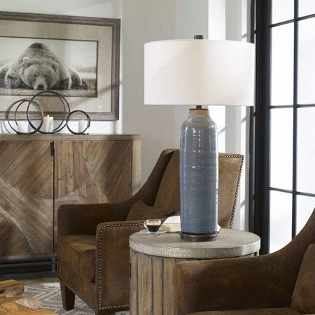 Uttermost Vicente Slate Blue Glazed Ceramic Table Lamp With White Linen Shade - Image 3