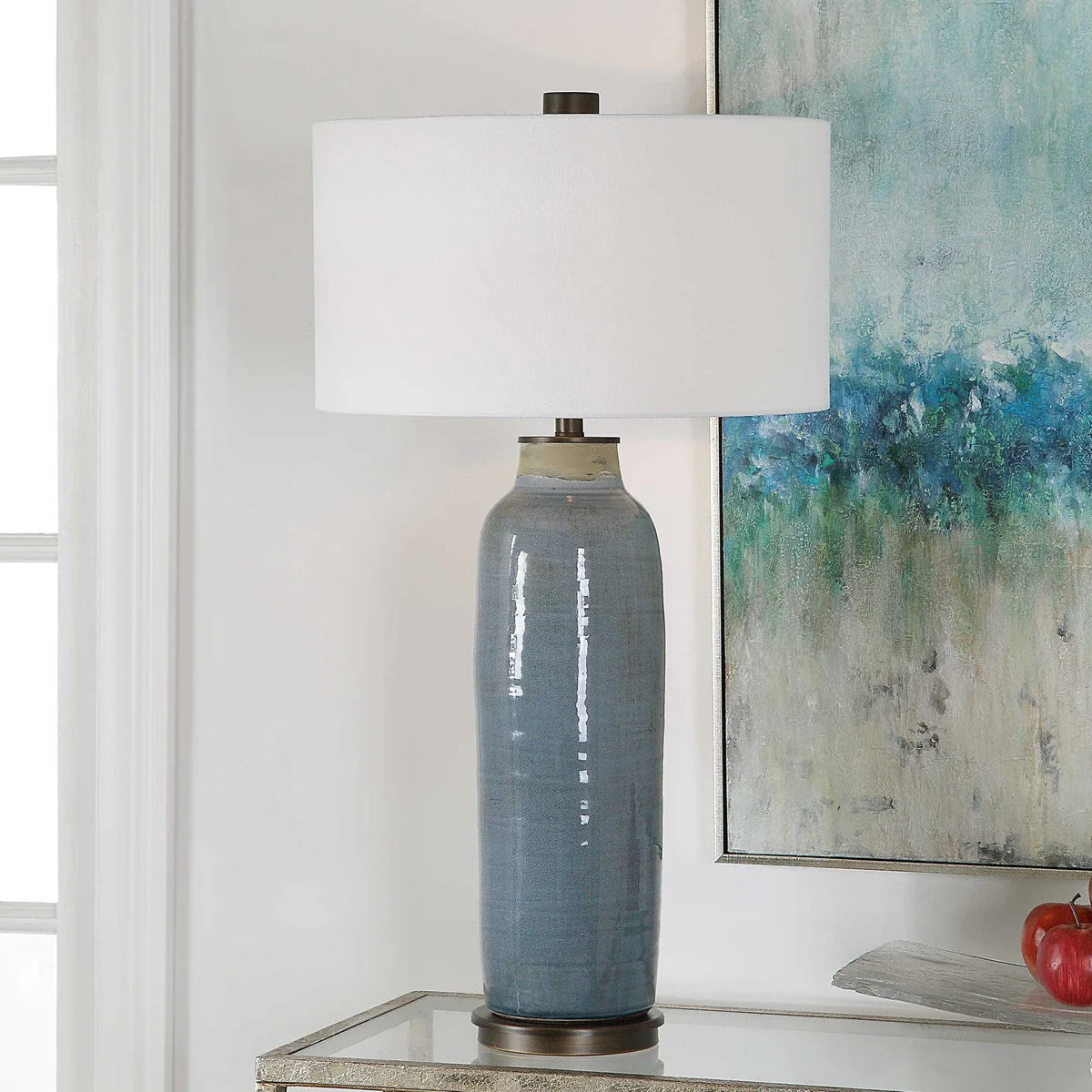 Uttermost Vicente Slate Blue Glazed Ceramic Table Lamp With White Linen Shade - Image 4
