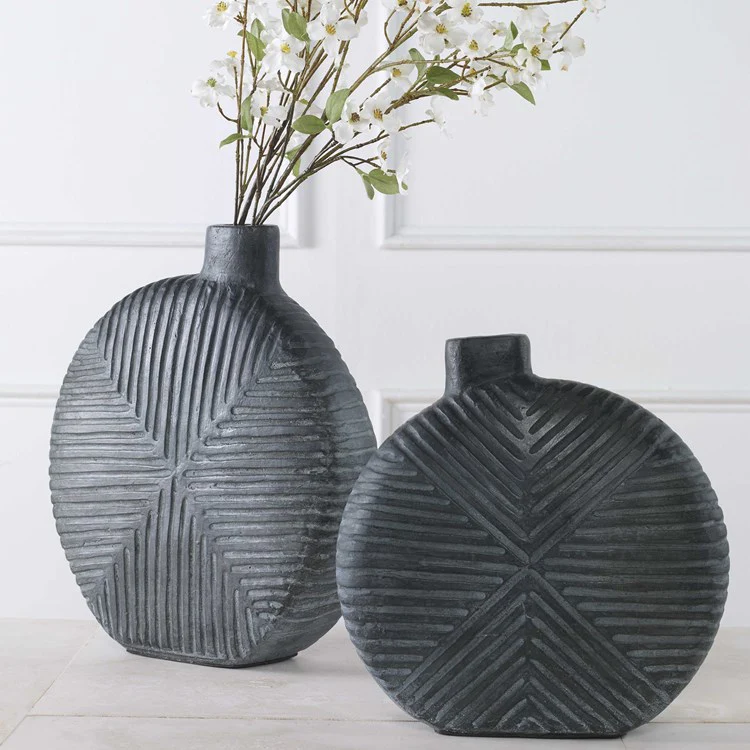 Uttermost Viewpoint Aged Black Contemporary Set of 2 Vases