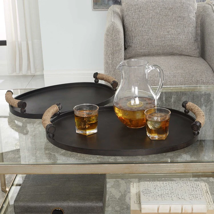 Uttermost Viggo Dark Bronze Iron Set of 2 Trays with Natural Rope Wrapped Handles